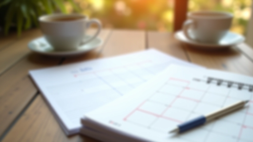 Calendrier sur bureau montrant un plan sur trois mois avec points de repère et notes importantes