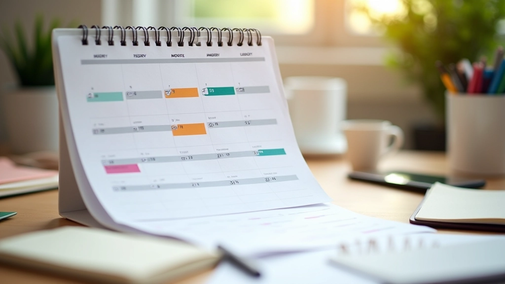 Calendrier de contenu planifié avec codes couleur pour différentes plateformes, agenda numérique, carnet de notes, mise au point nette