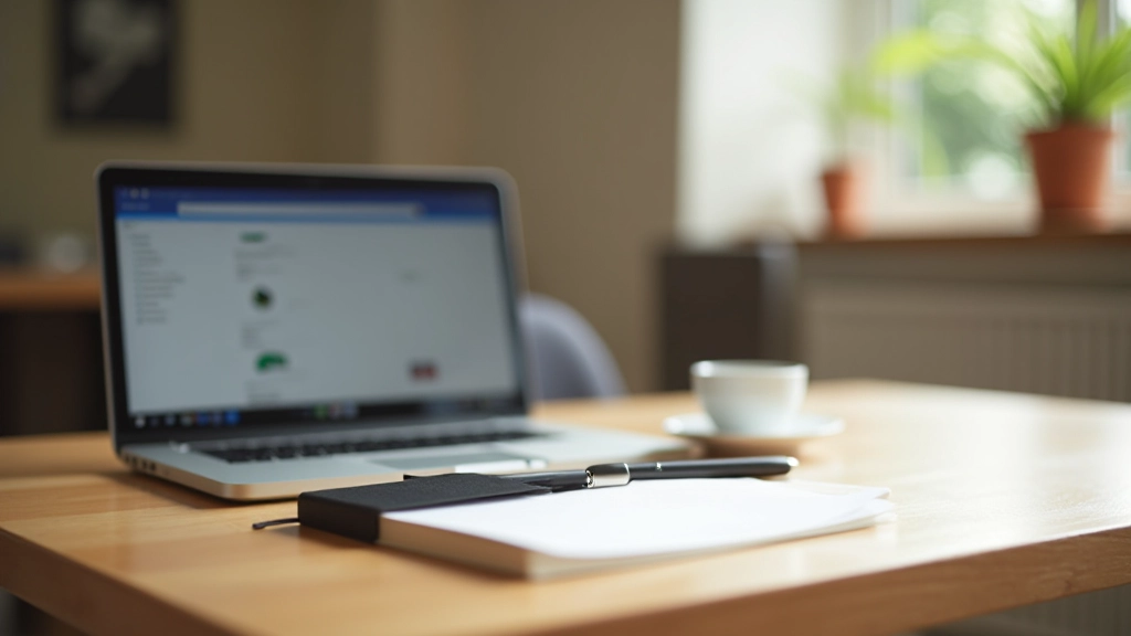 Espace de travail avec ordinateur portable, cahier et café sur bureau en bois clair