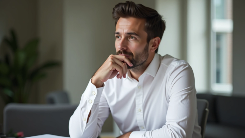 Personne réfléchissant à son bureau face à plusieurs documents, sourcils froncés, posture pensive