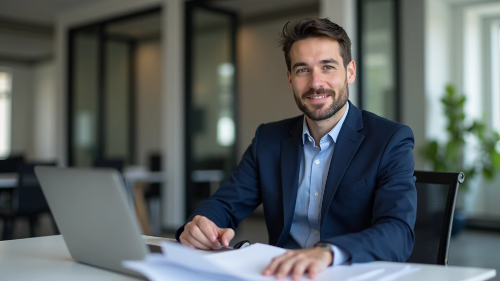 Mathieu Blanchard travaillant à son bureau, environnement professionnel moderne avec ordinateur et documents