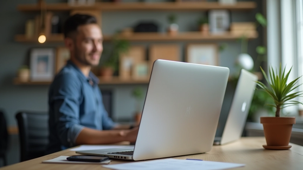 Personne travaillant sur plusieurs plateformes numériques avec ordinateur et téléphone, espace de travail organisé, lumière naturelle, mise au point nette