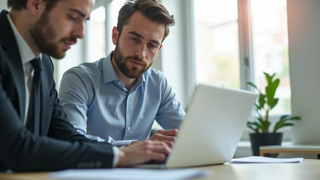 Personnes collaborant autour d'un ordinateur portable, graphiques de croissance affichés, ambiance d'équipe positive, espace de travail lumineux, mise au point nette