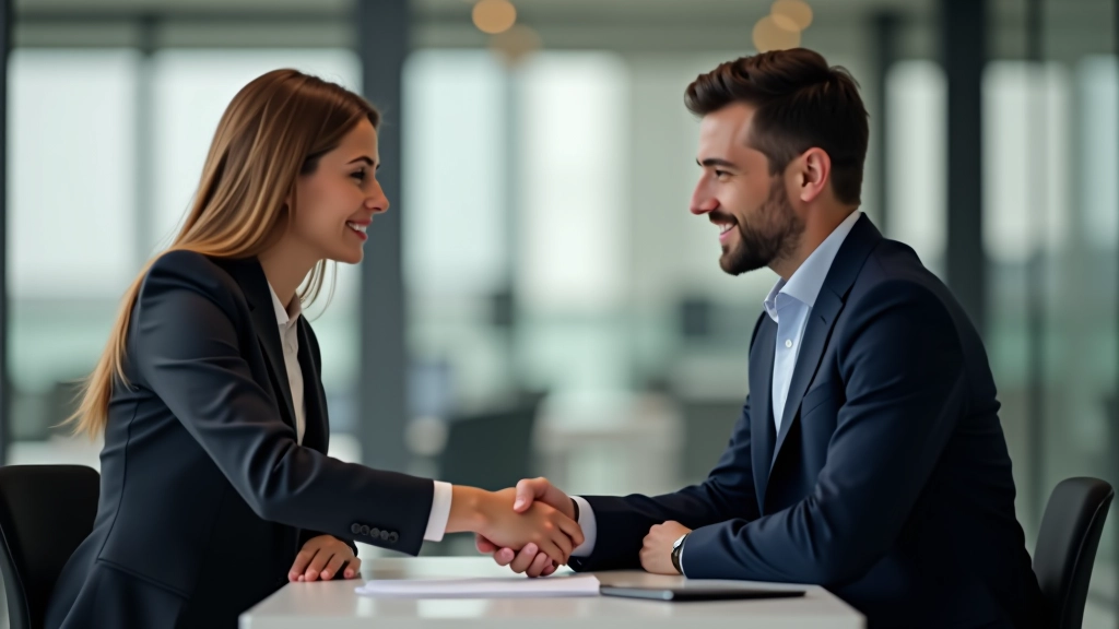 Deux professionnels discutant dans un bureau avec documents d'accord et graphiques
